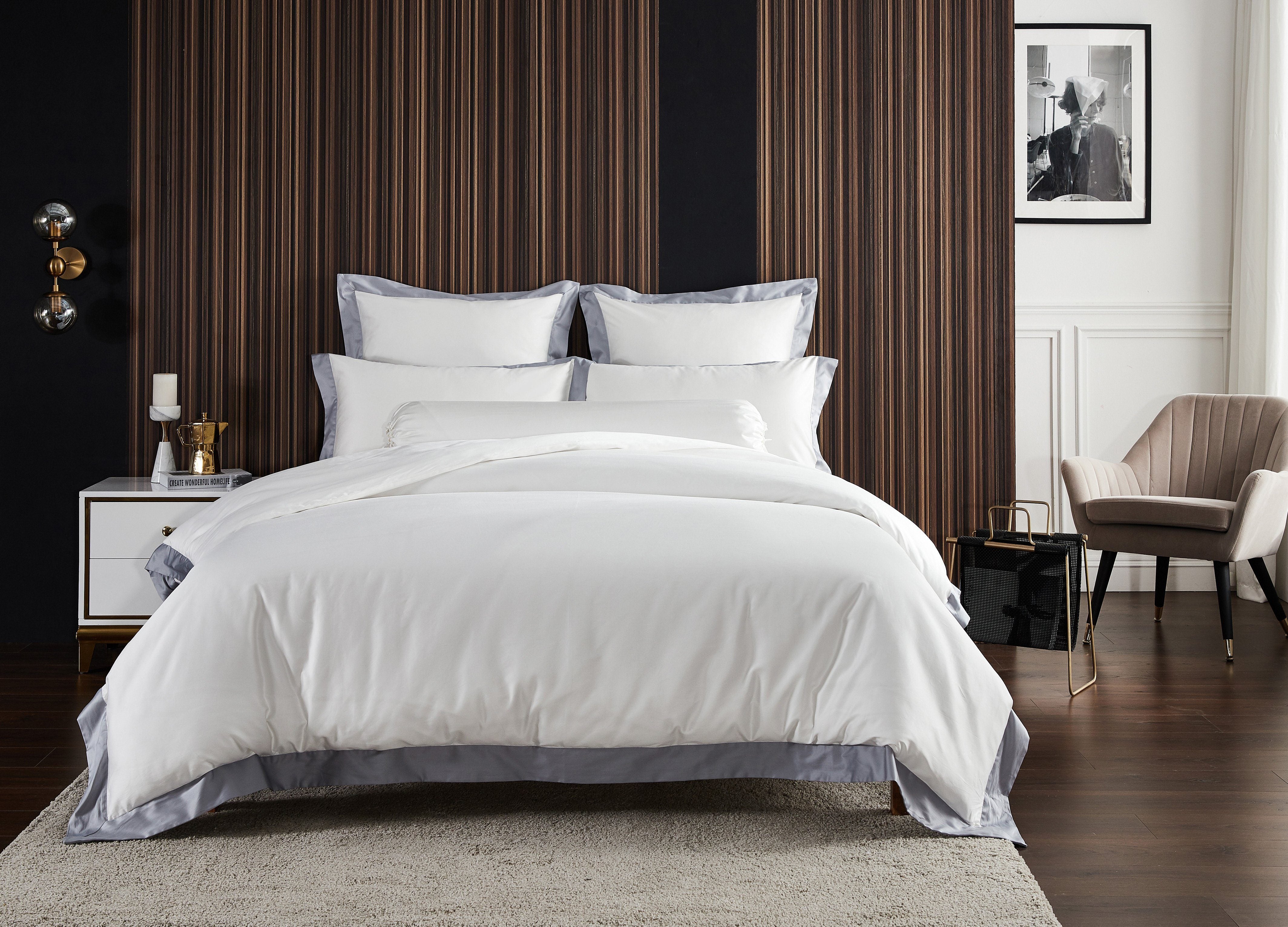 Hotelier Prestigio™ Supima Cotton Percale White Dove Earl Gray Hem Fitted Sheet Set - Bedding Affairs
