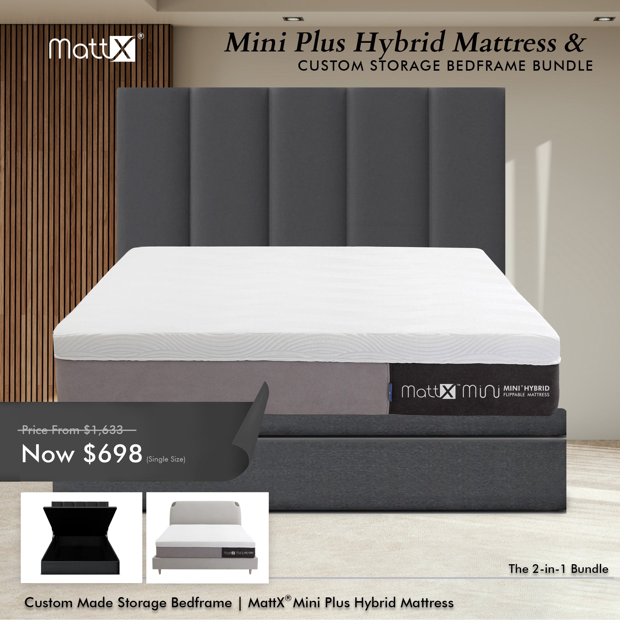 Mini Plus Hybrid Mattress & Custom Storage Bedframe Bundle