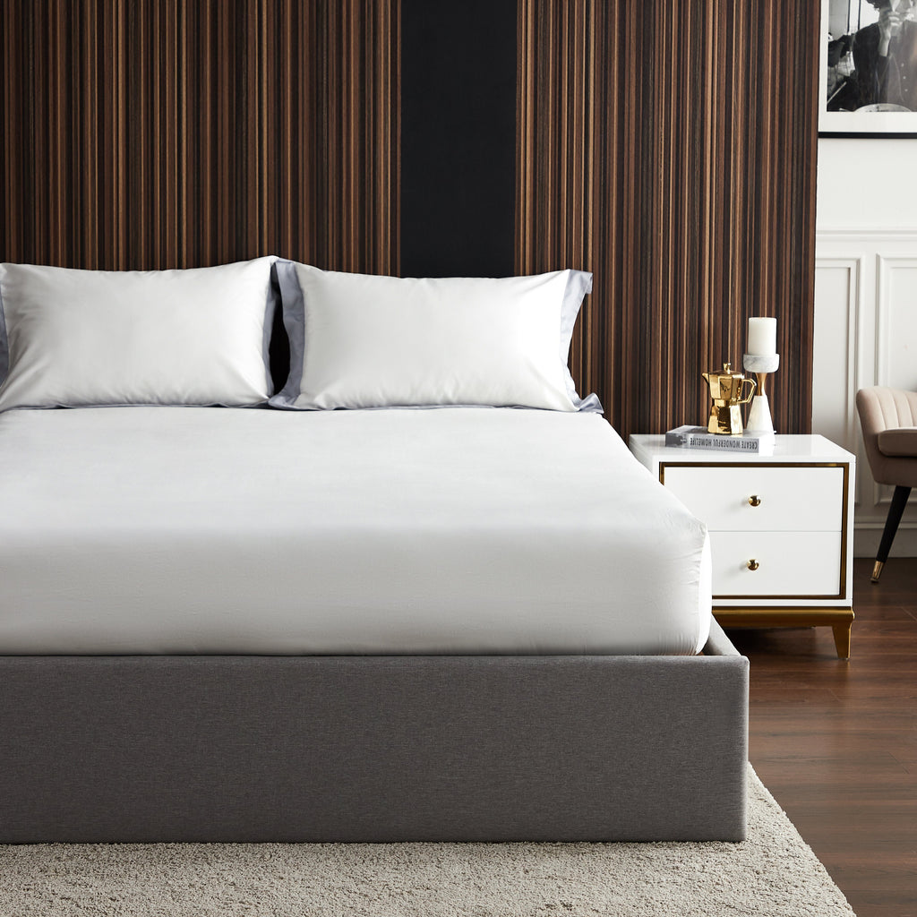 Hotelier Prestigio™ Supima Cotton Percale White Dove Earl Gray Hem Fitted Sheet Set - Bedding Affairs