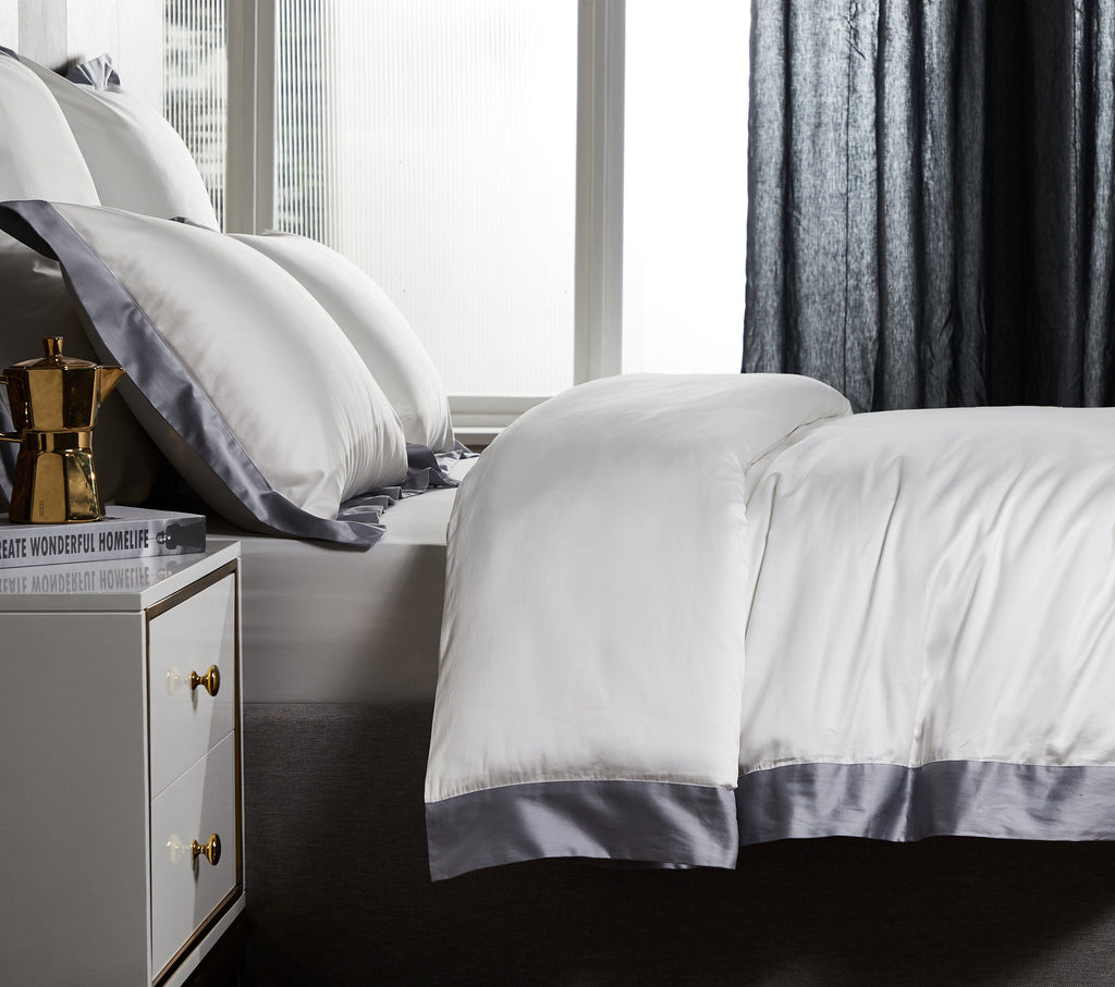 Hotelier Prestigio™ Supima Cotton Percale White Dove Earl Gray Hem Quilt Cover - Bedding Affairs