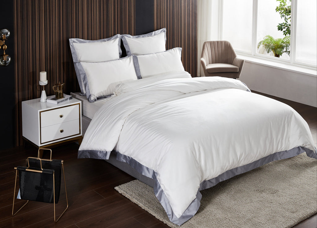 Hotelier Prestigio™ Supima Cotton Percale White Dove Earl Gray Hem Quilt Cover - Bedding Affairs